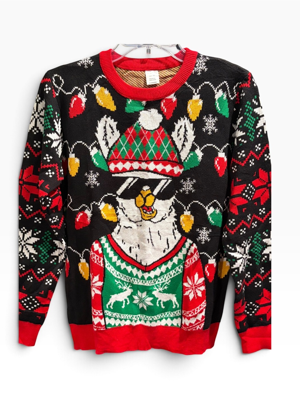 Christmas Ugly Sweater Holiday Lights Snowflakes Reindeer Black Red Size XL